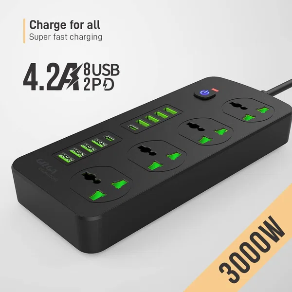 Ansty EXK-06 Power Strip with 4 Outlets, 8 USB and 2 USB-C Ports, 3 Meter - Available at AfnoBazar Nepal