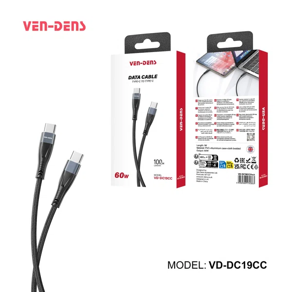 Ven-Dens VD-DC19CC Type-C to Type-C 60W Cable 1 Meter - Available at AfnoBazar Nepal