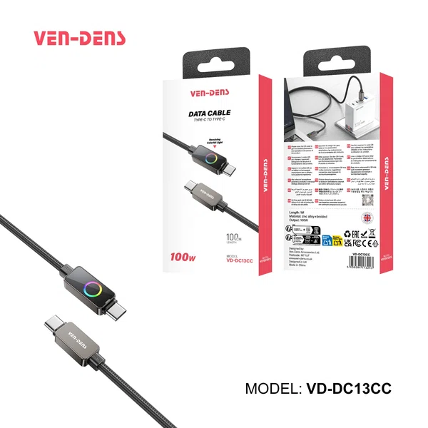 Ven-Dens VD-DC13CC USB-C to USB-C 100W Braided RGB Cable - Available at AfnoBazar Nepal