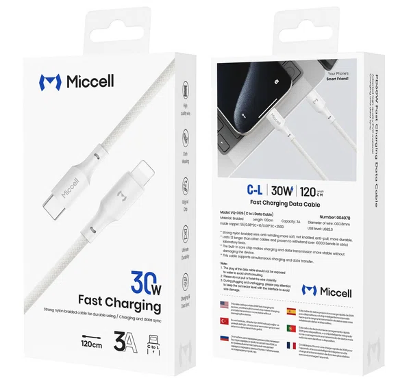 Miccell 30W USB-C to Lightning Braided Cable (1.2M) - Available at AfnoBazar Nepal