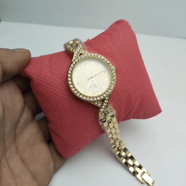 Women's Golden Quartz Dress Watch with Stone Bezel - Available at AfnoBazar Nepal