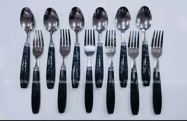 Stainless Steel Spoon and Fork Set with White Marble Handles, Pack of 6, Pack of 12 - Available at AfnoBazar Nepal