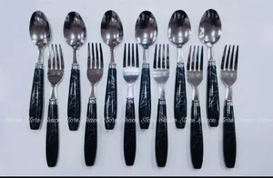 Stainless Steel Spoon and Fork Set with White Marble Handles, Pack of 6, Pack of 12 - Available at AfnoBazar Nepal