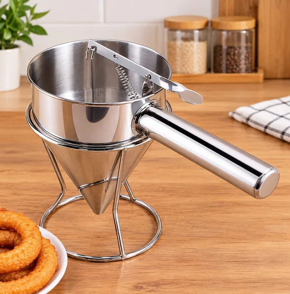 Stainless Steel Sel Roti Maker | Manual Batter Dispenser with Stand | Sel Roti Making Tool - Available at AfnoBazar Nepal