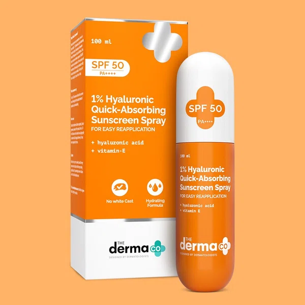 The Derma Co 1% Hyaluronic Quick-Absorbing Sunscreen Spray SPF 50 PA++++ with Vitamin E - 100ml - Available at AfnoBazar Nepal