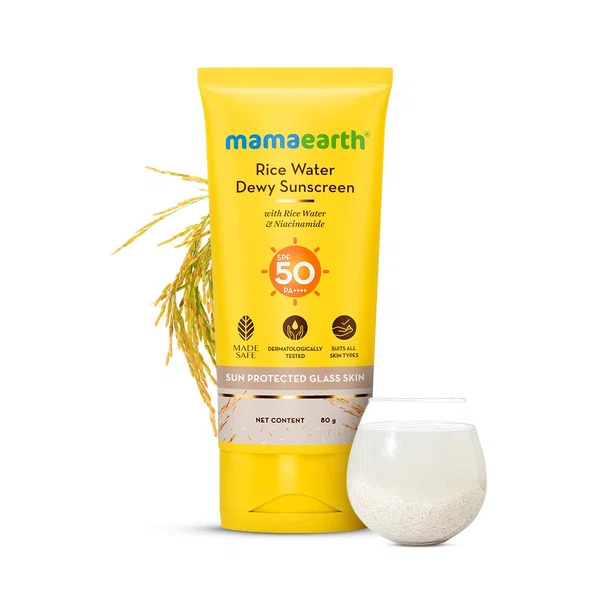 Mamaearth Rice Water Dewy Sunscreen SPF 50 PA++++ with Rice Water & Niacinamide - 80g - Available at AfnoBazar Nepal