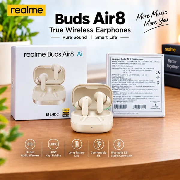 Realme Buds Air8 TWS Wireless Earbuds – Hi-Res Audio, LHDC, Bluetooth 5.3, Long Battery Life - Available at AfnoBazar Nepal