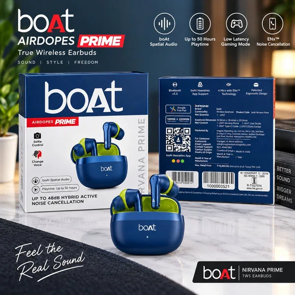 boAt Airdopes Nirvana Prime TWS Earbuds – Up to 50H Playtime, Hybrid ANC, Spatial Audio & Low Latency Gaming Mode - Available at AfnoBazar Nepal