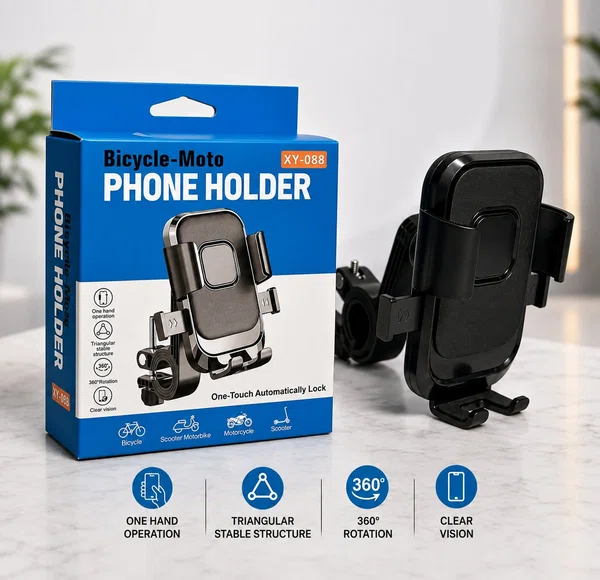 XY-088 Universal 360° Rotating Bike & Motorcycle Mobile Phone Holder – One-Touch Lock, Anti-Shake Grip & Adjustable Handlebar Mount. - Available at AfnoBazar Nepal