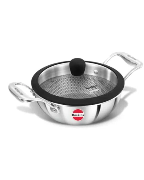 Hawkins PSNK15G 1.5 Ltr Triply SS IC Honeycomb Kadai with Glass Lid