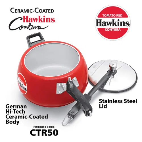 Hawkins CTR50 5.0 ltrs Ceramic-Coated Contura Pressure Cooker Tomato Red - Available at AfnoBazar Nepal