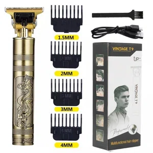 Vintage T9 Professional Hair Clipper & Beard Trimmer for Men – Golden Dragon Design with 4 Guide Combs and USB Charging Cable. - Available at AfnoBazar Nepal