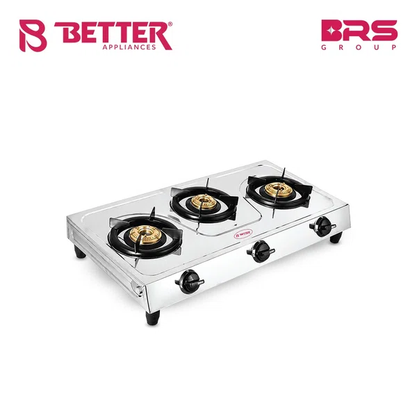Better Steelline- 3LPG Gas Stove Brass Burner, Heavy-gauge stainless steel body, Ergonomic knobs