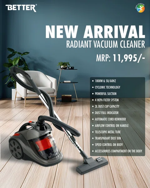Better Radiant Vacuum Cleaner, 1800 Watt, Powerful Suction, 4 Hepa Filter System, 3 Layer Dust Cup Capacity