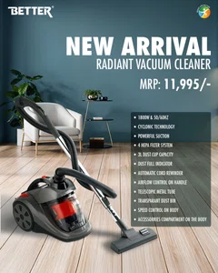 Better Radiant Vacuum Cleaner, 1800 Watt, Powerful Suction, 4 Hepa Filter System, 3 Layer Dust Cup Capacity