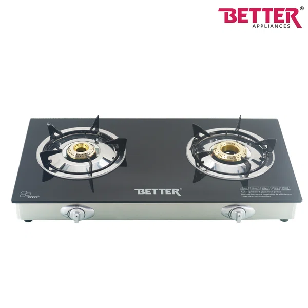 Better Aroma 2 LPG Gas Stove, Auto ignition, Glass Body & Steel Drip Tray, 2 High Power Burner