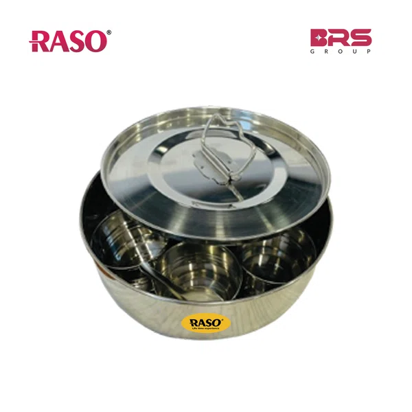 Raso Knob Masala Dibba 12", High Grade Steel, Elegant Mirror Finish, Corrosion Resistant, Dishwasher Safe