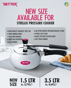 Better Steelux Triply Pressure Cooker 3.5 Ltr, Induction friendly, Great Heat Retention, Soft Touch Handle