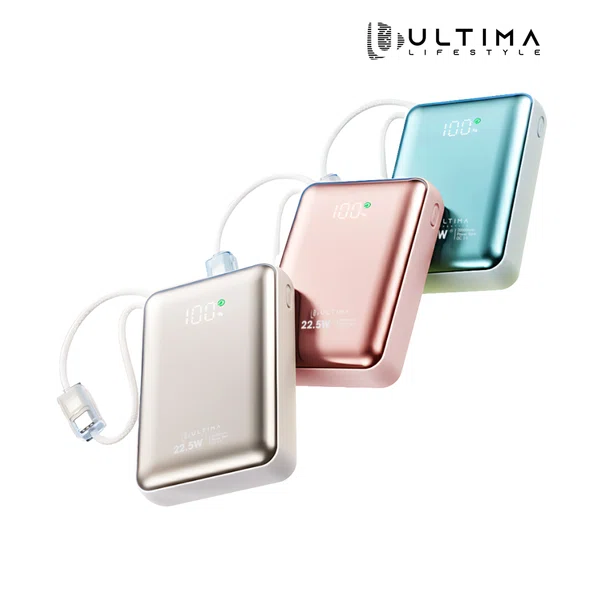 Ultima Boost 20K Mini 20000mAh Power Bank with Built-in Type-C and Lightning Cables, 22.5W - Available at AfnoBazar Nepal