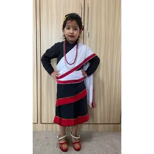 Girl Newari Traditional Saree Set Bhoto And Readymade Saree Patuki With Red Boarder Muga Red Mala Silver Plated Jyapu Shikhaa Sachika For Hair Bond Gold Plated Ear Ring Makasi Gold Plated Nyapu Shikhaa Silver Plated Kale
