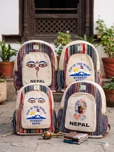 Handmade Nepali Natural Hemp Backpack - Authentic Eco-Friendly Travel & College Bag with Buddha Eyes / Everest Print for Men & Women