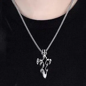 Tribal Flame Vintage Silver Cross Pendant Necklace - Premium Stainless Steel Retro Gothic Chain Punk Hip Hop Streetwear Jewelry for Men & Boys