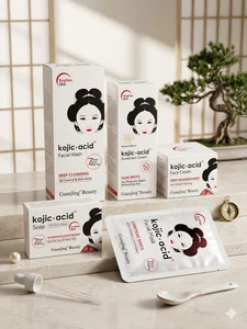 GuanJing Beauty Kojic Acid 5-in-1 Skincare Combo Set – Facial Wash, Soap, Face Cream, Sheet Mask, and Sunscreen Kit for Glowing Skin