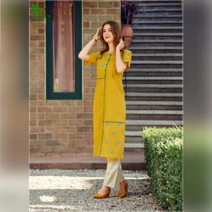 FuLoo's Olive Pure Cotton Pattern Designer Embroidered Kurti for Women (ONLY KURTI) #04