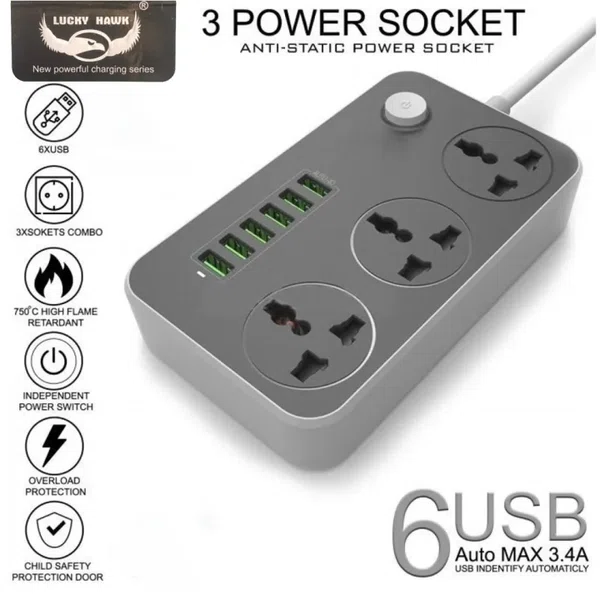 LUCKY HAWK LH-T21 5V 3.4A 3 International Anti Static Power Socket 6 USB Port