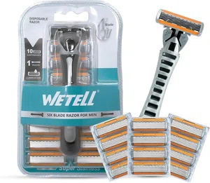 Wetell 6 Blade Razor For Men Shaving Kit - 1 Reusable Handle With 10 Replacement Cartridges Shaving Blades Pack