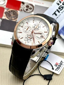 Watch For Men Black Leather Strap Stainless Steel Case Date Function White Dial Chronograph Design