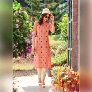 FuLoo's Olive Pure Cotton Pattern Designer Embroidered Kurti for Women (ONLY KURTI) #08