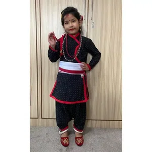 Girl Newari Traditional Dress Set 1 Dress And Jangawal suruwal Patuki With Red Boarder Muga Red Mala Silver Plated Jyapu Shikhaa Sachika For Hair Bond Gold Plated Ear Ring Makasi Gold Plated Nyapu Shikhaa Silver Plated Kale