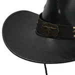 Unisex Premium Black Faux Leather Cowboy Hat - Retro Western Style Wide Brim Outing Cap with Studded Belt and Adjustable Chin Cord for Men & Women