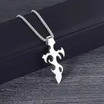 Tribal Flame Vintage Silver Cross Pendant Necklace - Premium Stainless Steel Retro Gothic Chain Punk Hip Hop Streetwear Jewelry for Men & Boys