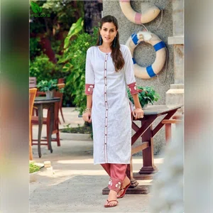 Fuloo's Platinum Pure Linen cotton Embroidered Kurti with Embroidered Bottom for Women. #05
