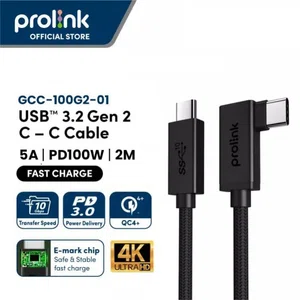 Prolink 100W USB C-C PD Cable USB3.2 Gen 2 Nylon Braided 2m (Data Transfer, Audio) [E-Mark Chip]-GCC-100-G2-01