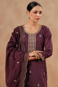 Purple Embroidered Kurta Pant Set With Dupatta