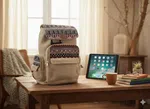 Handmade Hemp & Cotton Sustainable Backpack - Unisex Beige & Multi-Color Daypack - 7 Compartments - Made in Nepal
