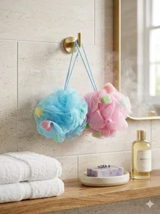 Premium Mesh Bath Loofah Sponge Puff with Soap Cubes – Body Scrubber Shower Ball Skin Exfoliator Foam Maker for Men & Women