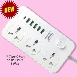 LUCKY HAWK L 5V 3.4A 3 International Power Trailing Socket Extension Plug 6 USB Port