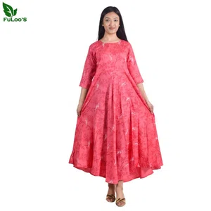 FuLoo's Spice Pink Rayon Anarkali Printed Kurti
