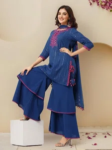 🌼Navy blue PURE COTTON embroidered kurta with layered sharara set🌼