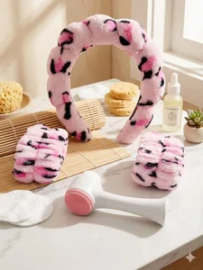 3Pcs Pink Leopard Print Spa Headband and Wristband Set - Puffy Sponge Makeup Hairband & Water Absorbent Wrist Washbands Skincare Combo Pack for Women & Girls