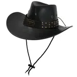 Unisex Premium Black Faux Leather Cowboy Hat - Retro Western Style Wide Brim Outing Cap with Studded Belt and Adjustable Chin Cord for Men & Women