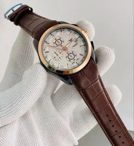Watch For Men Brown Color Stainless Steel Case Date Brown Leather Strap Function White Dial Watch For Men