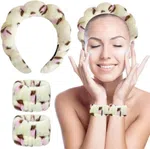3Pcs Pink Leopard Print Spa Headband and Wristband Set - Puffy Sponge Makeup Hairband & Water Absorbent Wrist Washbands Skincare Combo Pack for Women & Girls