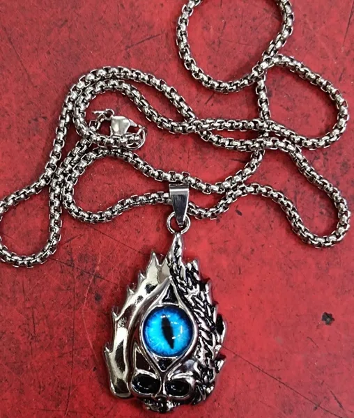 Retro Gothic Blue Evil Eye Protection Pendant Necklace for Men Stainless Steel Punk Dragon Flame Skull Chain