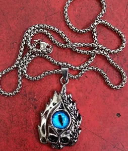 Retro Gothic Blue Evil Eye Protection Pendant Necklace for Men Stainless Steel Punk Dragon Flame Skull Chain