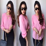 V-Neck Summer Long Sleeves Chiffon Front Cross Choker Neck Plain  T-Shirt